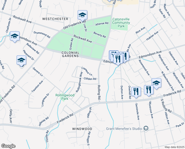 map of restaurants, bars, coffee shops, grocery stores, and more near 1924 Lismore Lane in Catonsville