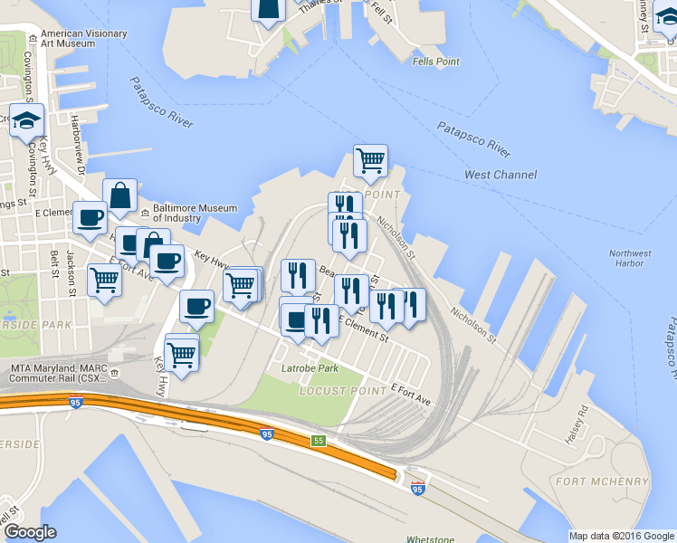 map of restaurants, bars, coffee shops, grocery stores, and more near 1246 Hull Street in Baltimore