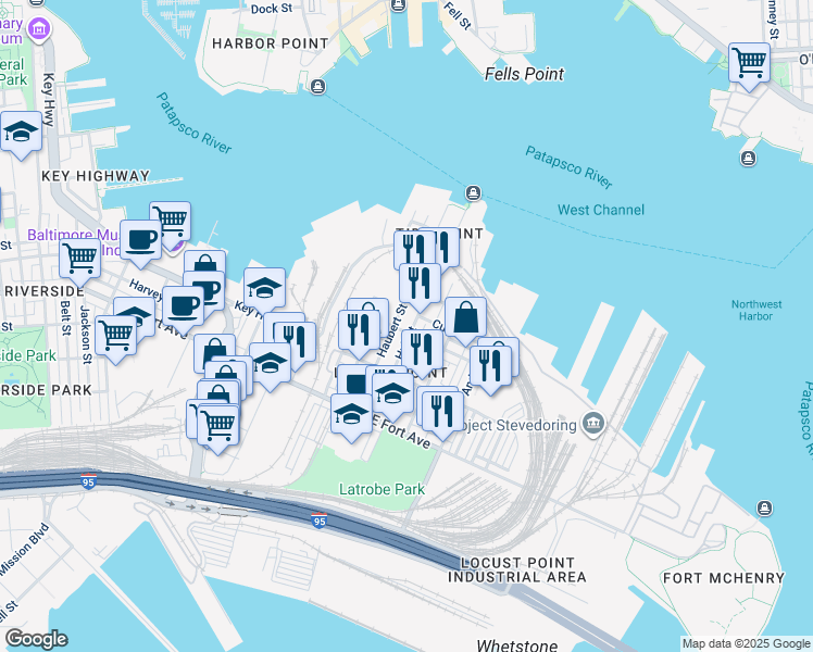map of restaurants, bars, coffee shops, grocery stores, and more near 1246 Hull Street in Baltimore