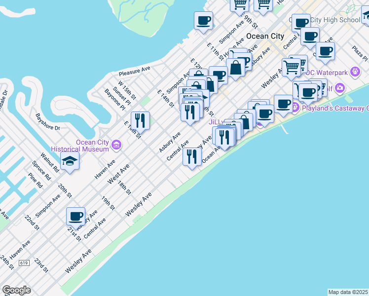 map of restaurants, bars, coffee shops, grocery stores, and more near 1509 Central Avenue in Ocean City