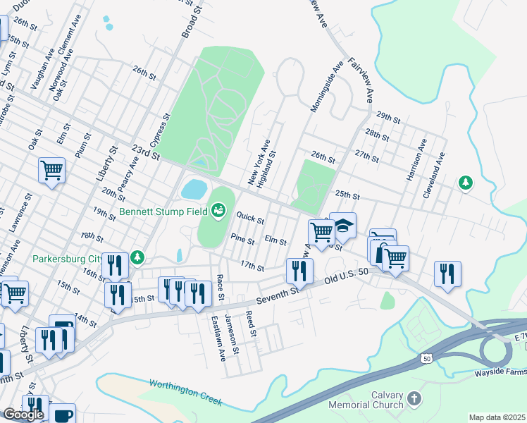 map of restaurants, bars, coffee shops, grocery stores, and more near 1001 Dickel Ave in Parkersburg