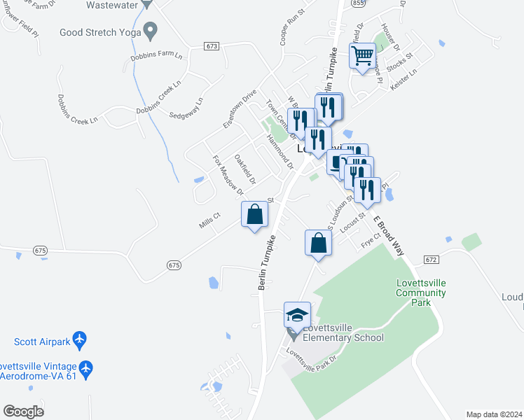 map of restaurants, bars, coffee shops, grocery stores, and more near 11 South Church Street in Lovettsville
