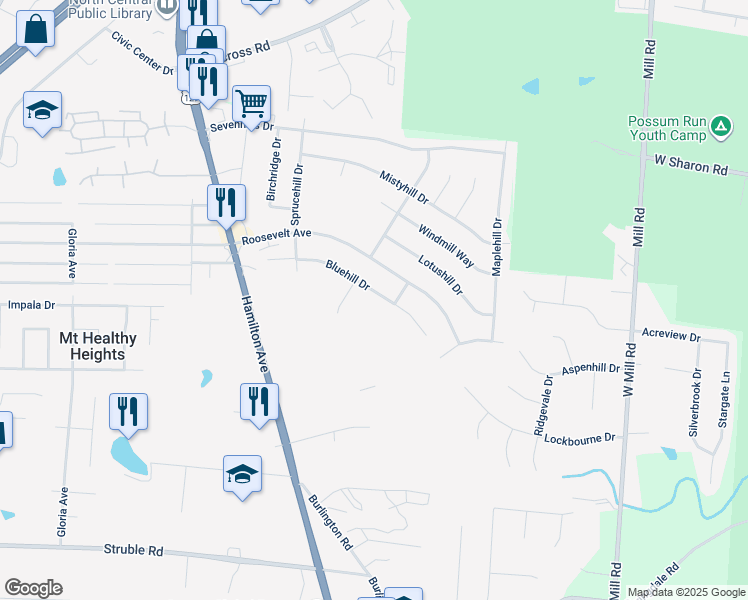 map of restaurants, bars, coffee shops, grocery stores, and more near 1959 Bluehill Drive in Cincinnati