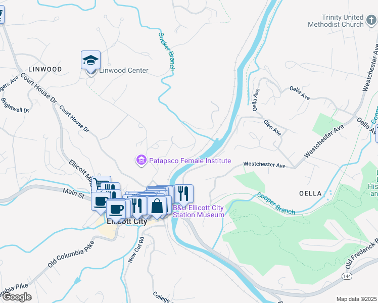 map of restaurants, bars, coffee shops, grocery stores, and more near 3551 Sylvan Lane in Ellicott City