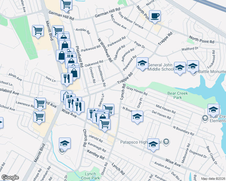 map of restaurants, bars, coffee shops, grocery stores, and more near 1607 Lynch Road in Dundalk