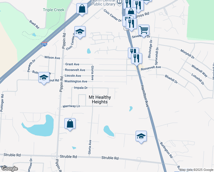 map of restaurants, bars, coffee shops, grocery stores, and more near 2401 Impala Drive in Cincinnati