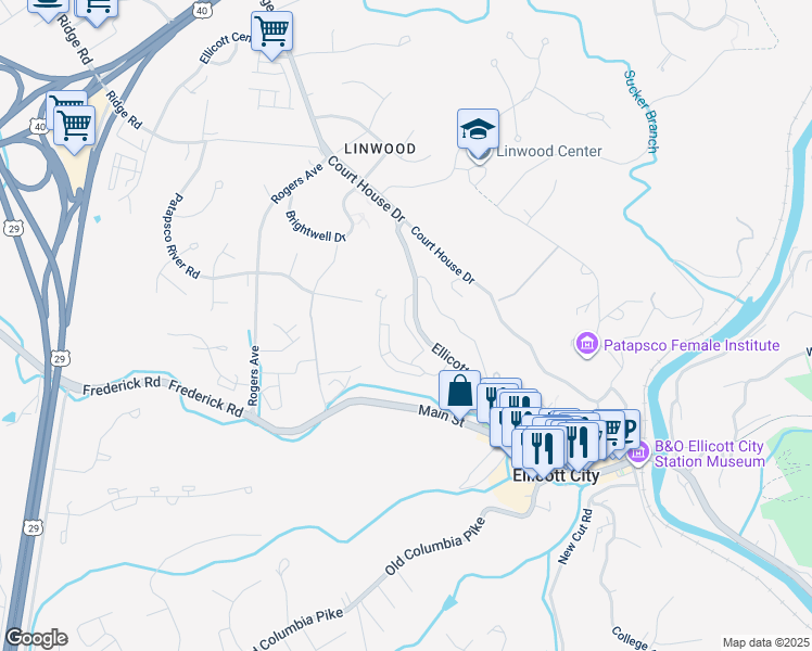 map of restaurants, bars, coffee shops, grocery stores, and more near 3628 Milltowne Drive in Ellicott City