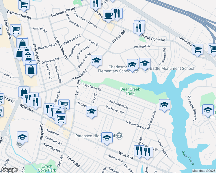 map of restaurants, bars, coffee shops, grocery stores, and more near 8049 Park Haven Road in Dundalk