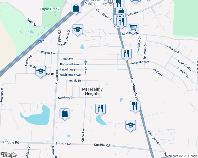 map of restaurants, bars, coffee shops, grocery stores, and more near 2401 Impala Drive in Cincinnati