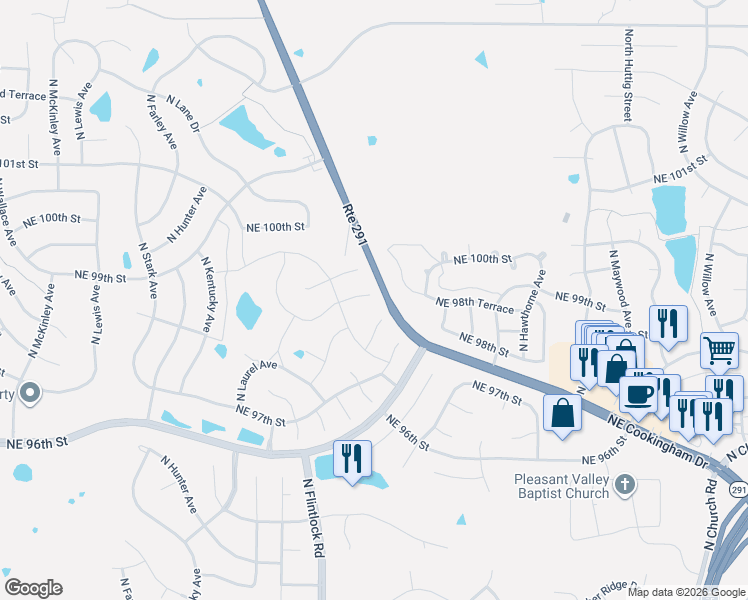 map of restaurants, bars, coffee shops, grocery stores, and more near 9416 Northeast 98th Street in Kansas City