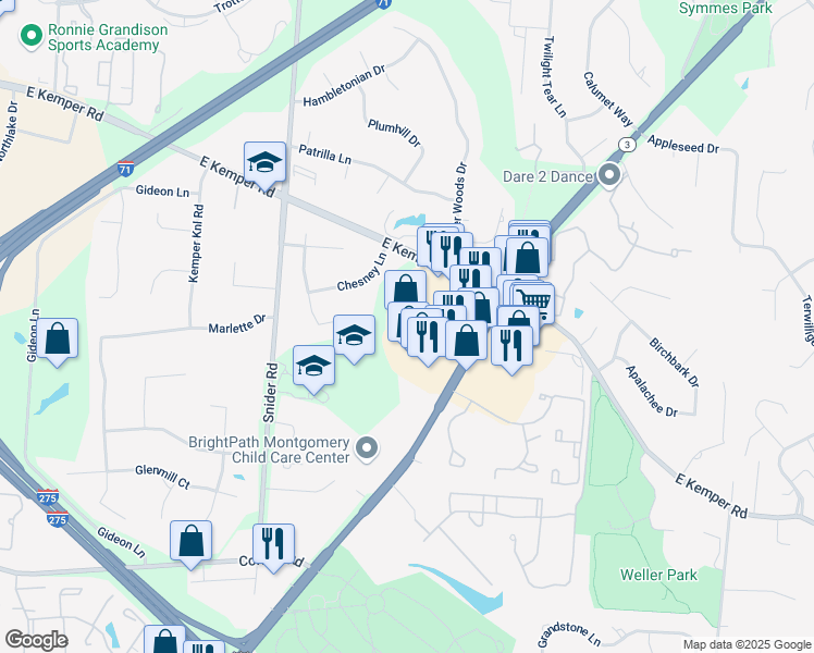 map of restaurants, bars, coffee shops, grocery stores, and more near 11345 Montgomery Road in Cincinnati