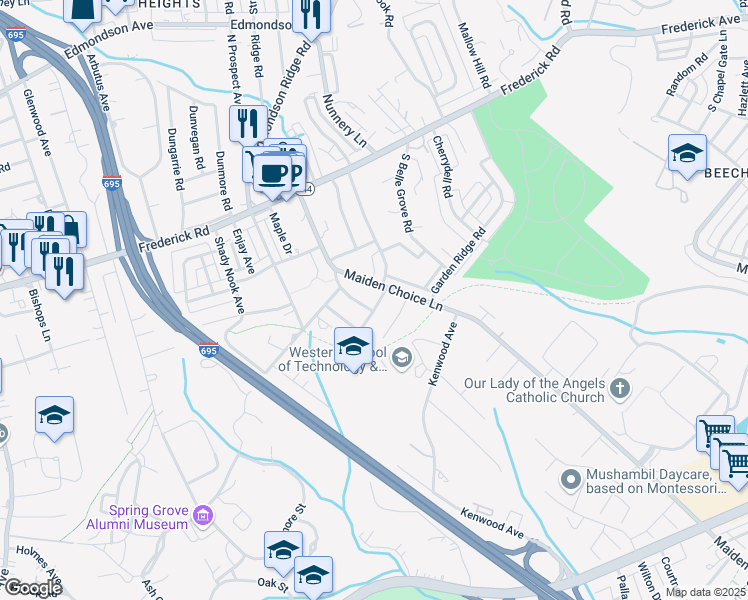 map of restaurants, bars, coffee shops, grocery stores, and more near 4 Tanglewood Road in Catonsville