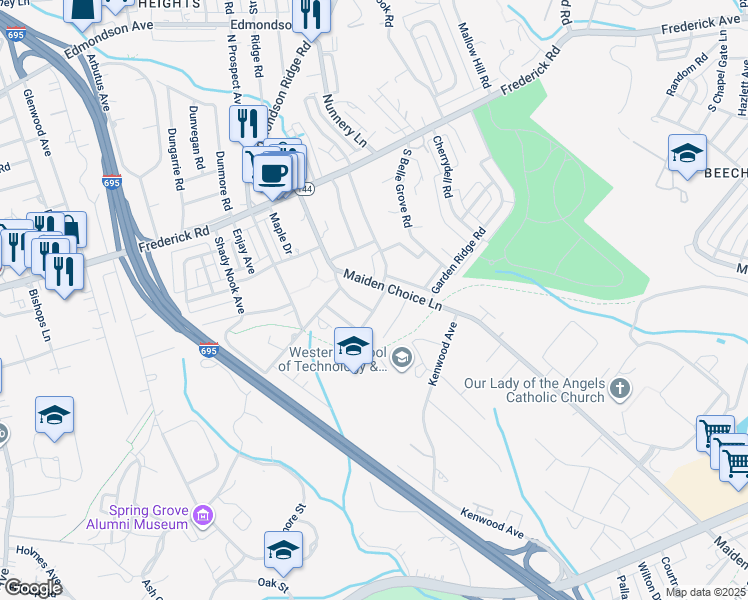 map of restaurants, bars, coffee shops, grocery stores, and more near 4 Tanglewood Road in Catonsville