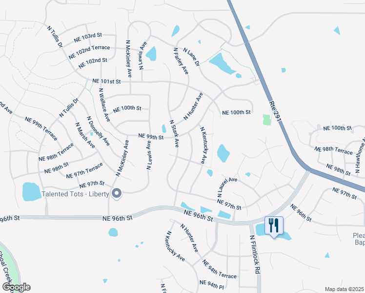 map of restaurants, bars, coffee shops, grocery stores, and more near 9824 North Farley Avenue in Kansas City