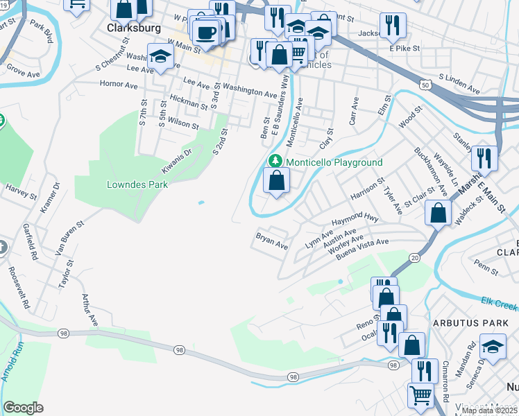 map of restaurants, bars, coffee shops, grocery stores, and more near 698 Monticello Ave in Clarksburg