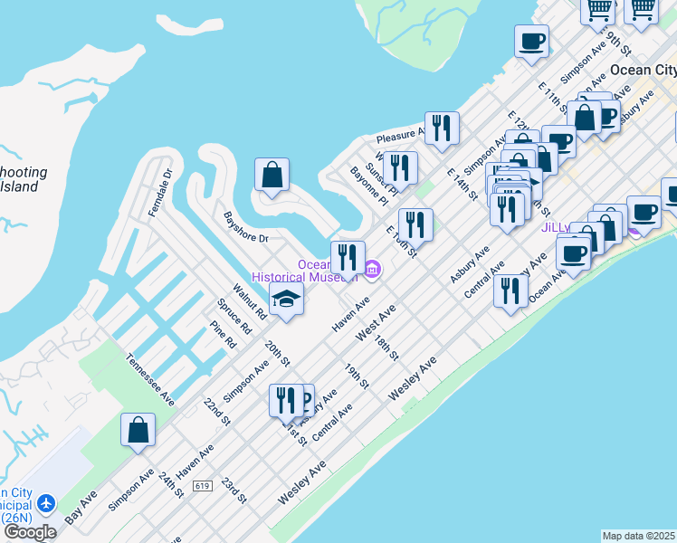 map of restaurants, bars, coffee shops, grocery stores, and more near 1 East 18th Street in Ocean City