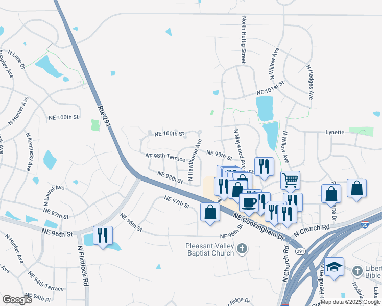 map of restaurants, bars, coffee shops, grocery stores, and more near 9835 Northeast 98th Terrace in Kansas City