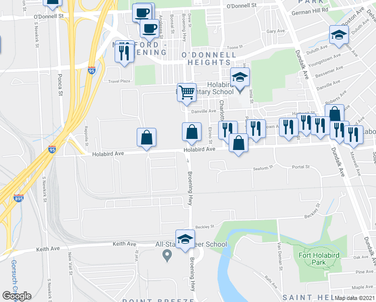 map of restaurants, bars, coffee shops, grocery stores, and more near Broening Hwy & Holabird Ave in Baltimore