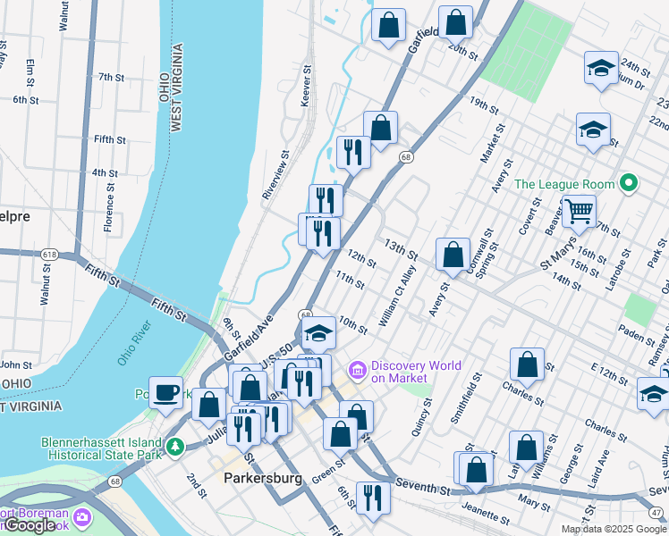 map of restaurants, bars, coffee shops, grocery stores, and more near 1033 Murdoch Avenue in Parkersburg