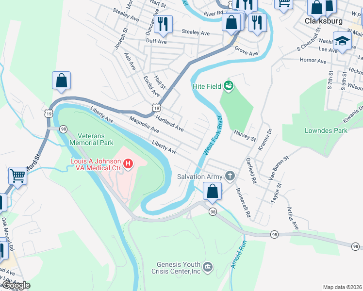 map of restaurants, bars, coffee shops, grocery stores, and more near 325 Liberty Avenue in Clarksburg