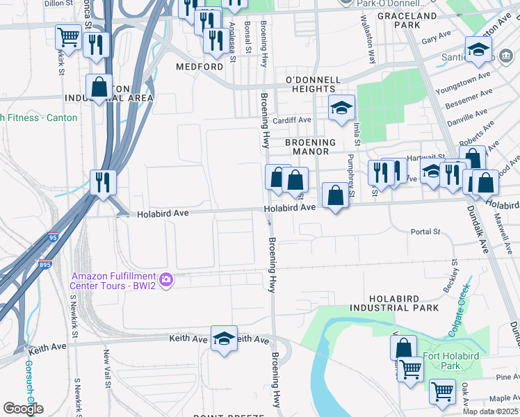 map of restaurants, bars, coffee shops, grocery stores, and more near 6000 Holabird Avenue in Baltimore
