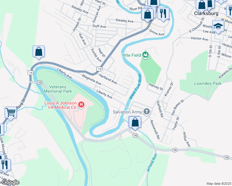 map of restaurants, bars, coffee shops, grocery stores, and more near 325 Liberty Avenue in Clarksburg