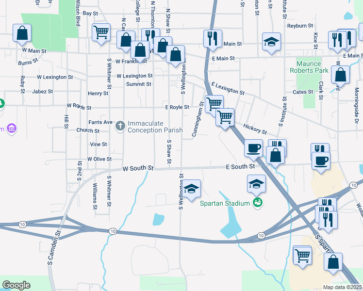 map of restaurants, bars, coffee shops, grocery stores, and more near 606 South Wellington Street in Richmond
