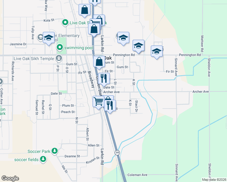 map of restaurants, bars, coffee shops, grocery stores, and more near 2421 Archer Avenue in Live Oak