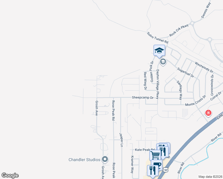 map of restaurants, bars, coffee shops, grocery stores, and more near 12 Sheep Camp Road in Dayton