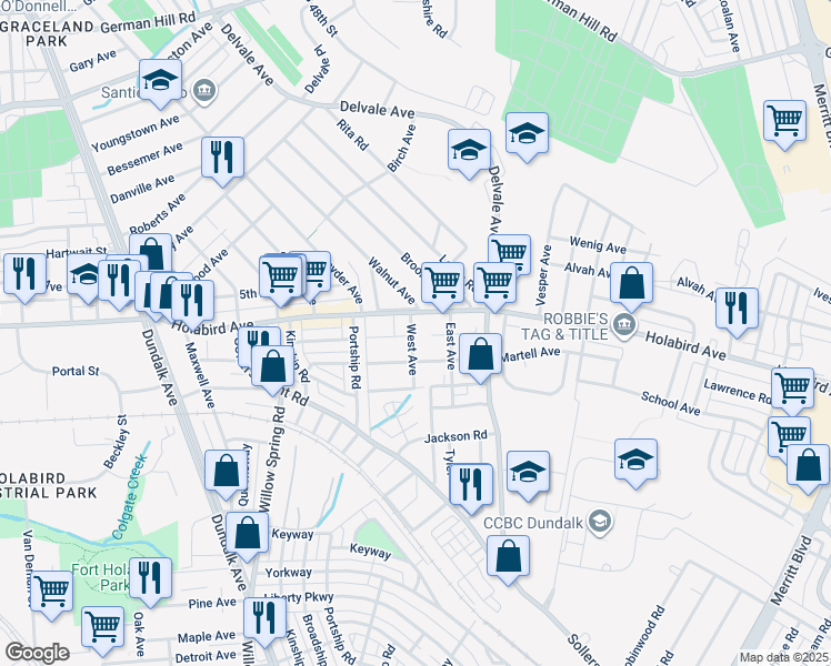 map of restaurants, bars, coffee shops, grocery stores, and more near 1805 West Avenue in Dundalk