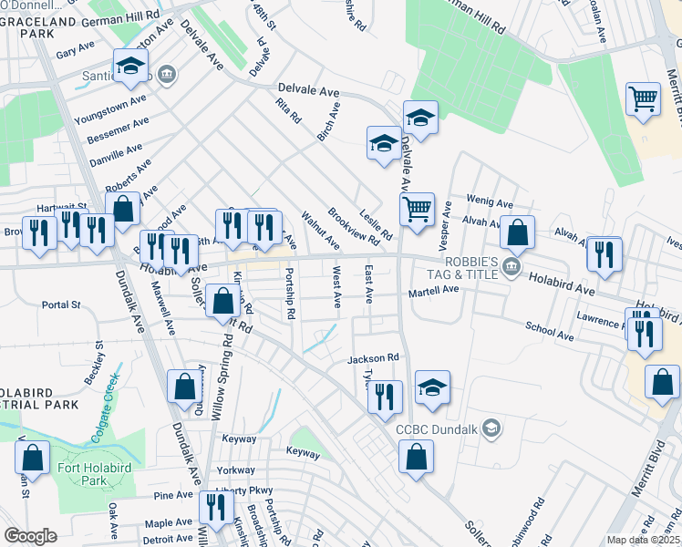 map of restaurants, bars, coffee shops, grocery stores, and more near 1805 West Avenue in Dundalk