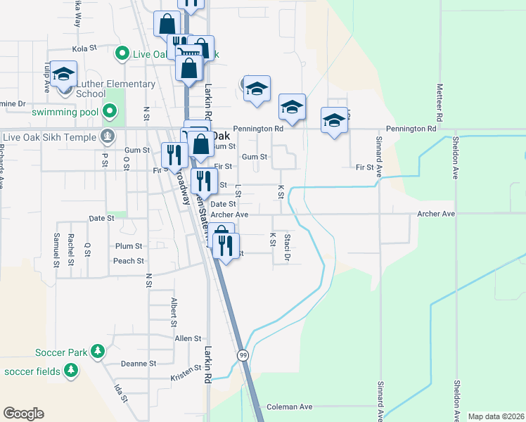 map of restaurants, bars, coffee shops, grocery stores, and more near 2325 Archer Avenue in Live Oak