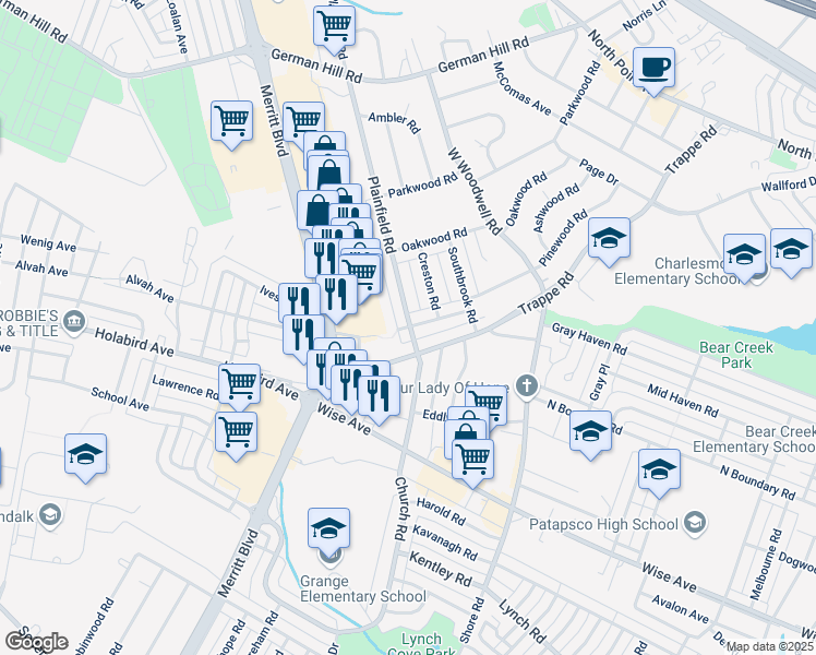 map of restaurants, bars, coffee shops, grocery stores, and more near 2904 Plainfield Road in Dundalk