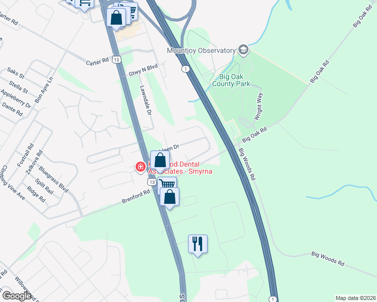 map of restaurants, bars, coffee shops, grocery stores, and more near 13 Katie Ann Court in Smyrna