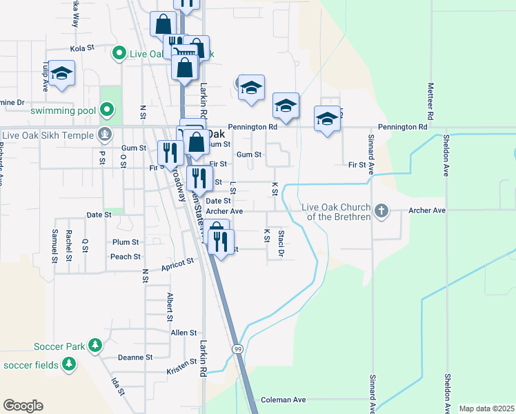 map of restaurants, bars, coffee shops, grocery stores, and more near 2325 Archer Avenue in Live Oak