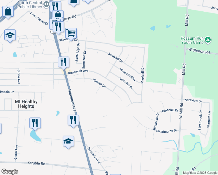 map of restaurants, bars, coffee shops, grocery stores, and more near 1959 Bluehill Drive in Cincinnati