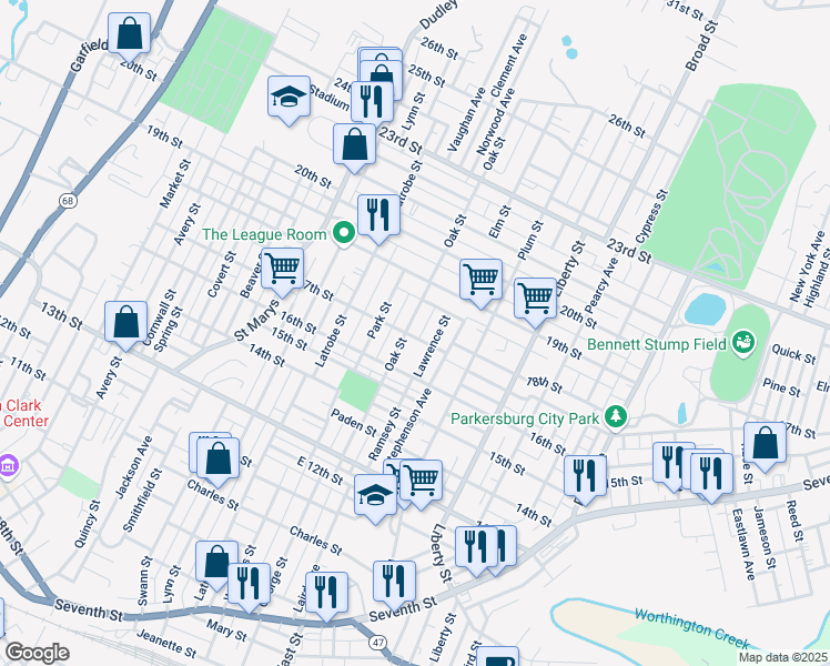 map of restaurants, bars, coffee shops, grocery stores, and more near 1700 Oak Street in Parkersburg