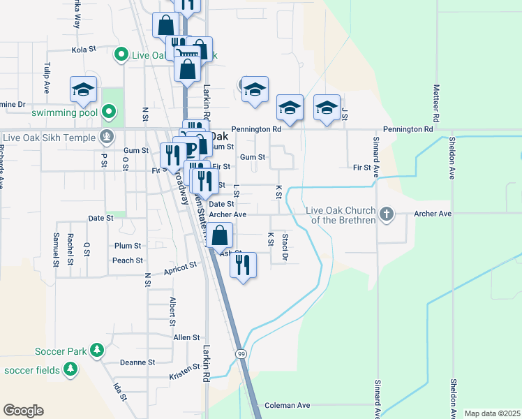 map of restaurants, bars, coffee shops, grocery stores, and more near 2325 Archer Avenue in Live Oak