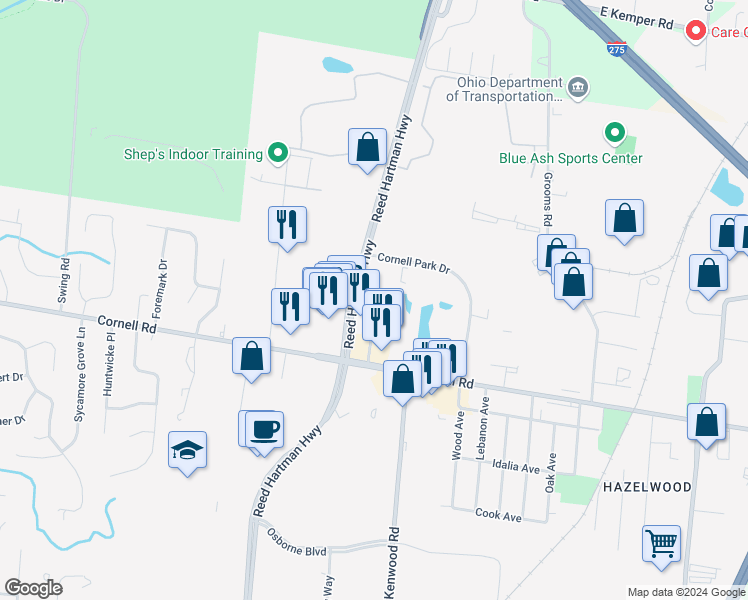 map of restaurants, bars, coffee shops, grocery stores, and more near 4700 Ashwood Drive in Cincinnati