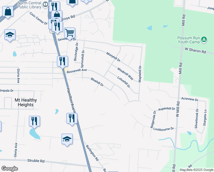 map of restaurants, bars, coffee shops, grocery stores, and more near 1959 Bluehill Drive in Cincinnati