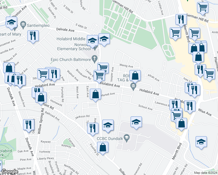 map of restaurants, bars, coffee shops, grocery stores, and more near 7239 Holabird Avenue in Dundalk