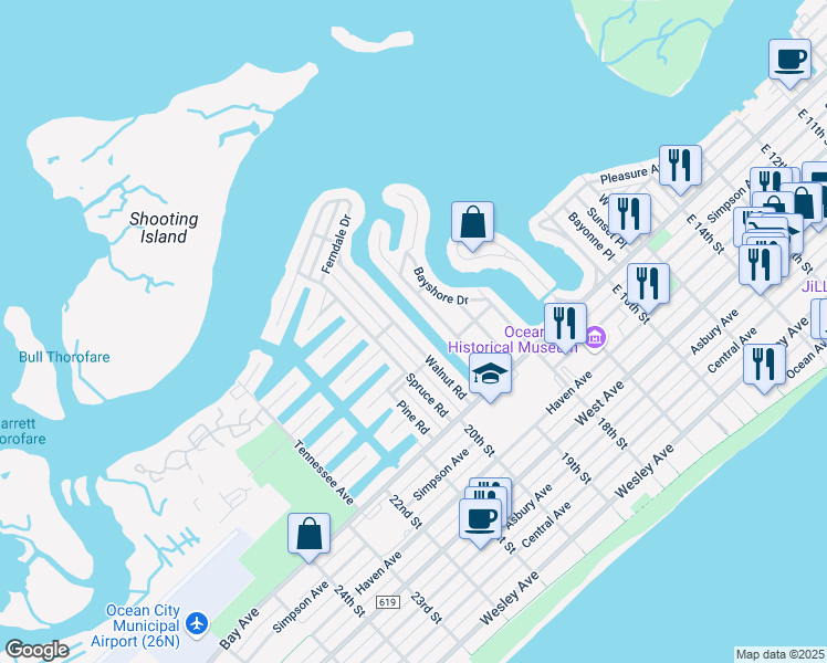 map of restaurants, bars, coffee shops, grocery stores, and more near 40 Arkansas Avenue in Ocean City