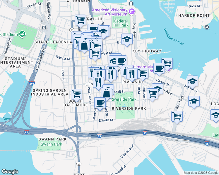 map of restaurants, bars, coffee shops, grocery stores, and more near 1522 William Street in Baltimore