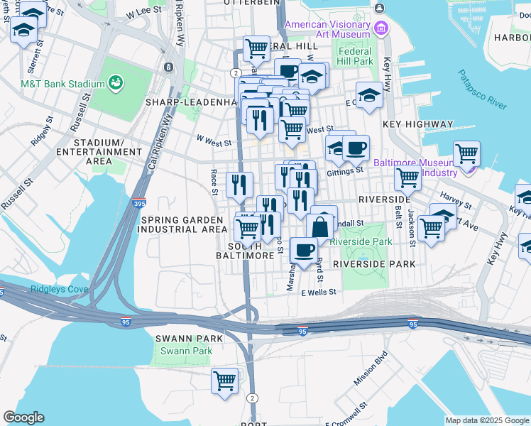 map of restaurants, bars, coffee shops, grocery stores, and more near 1513 South Charles Street in Baltimore
