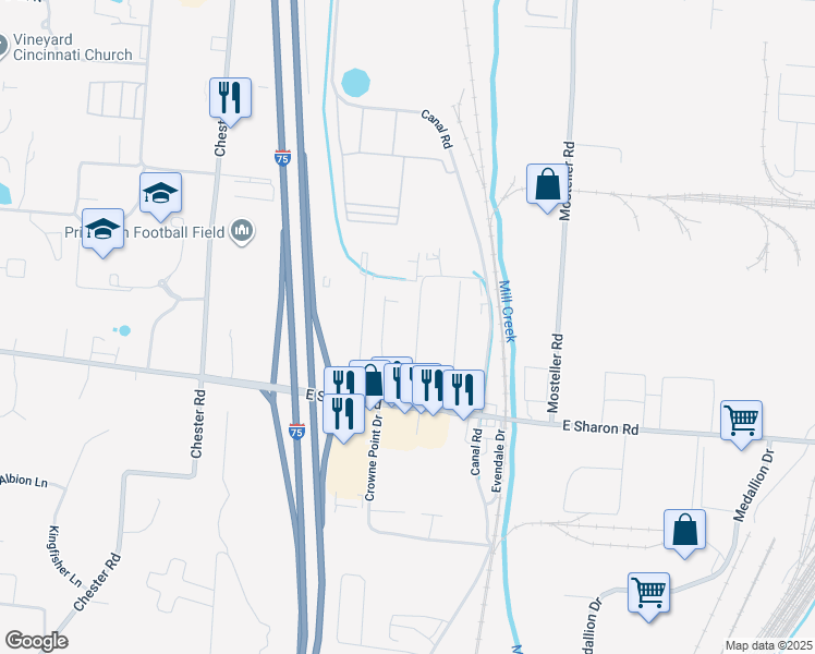 map of restaurants, bars, coffee shops, grocery stores, and more near 11131 Woodward Lane in Cincinnati