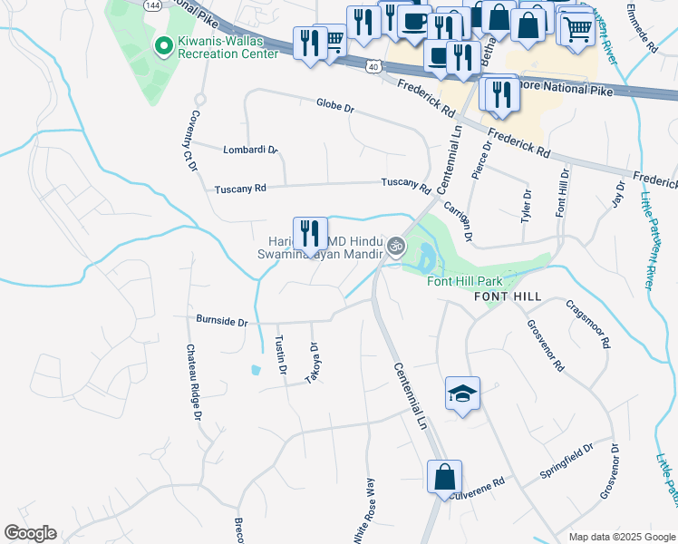 map of restaurants, bars, coffee shops, grocery stores, and more near 10212 Little Brick House Court in Ellicott City