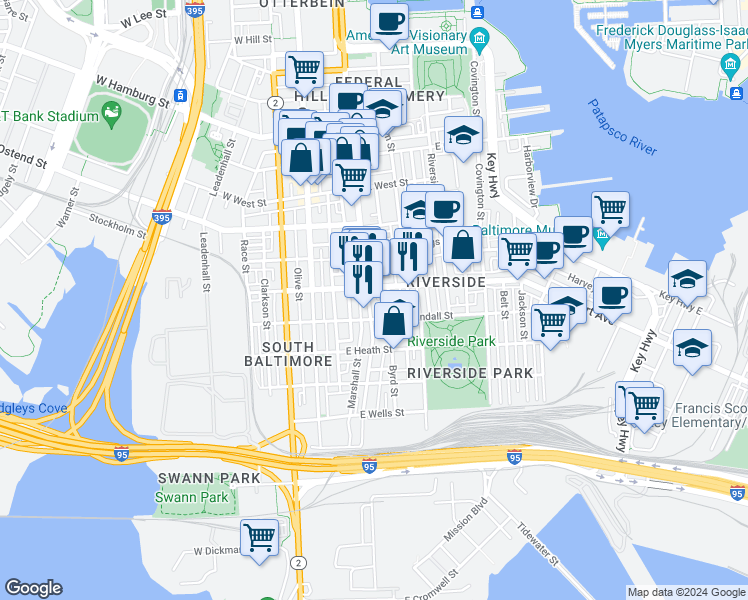 map of restaurants, bars, coffee shops, grocery stores, and more near 1517 Light Street in Baltimore