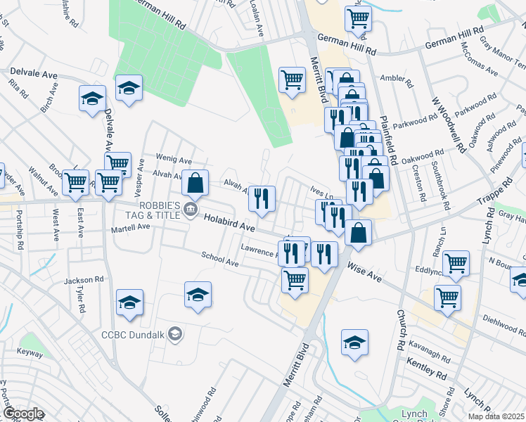 map of restaurants, bars, coffee shops, grocery stores, and more near 1705 Holaview Road in Dundalk