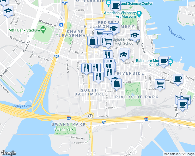 map of restaurants, bars, coffee shops, grocery stores, and more near 1513 South Charles Street in Baltimore