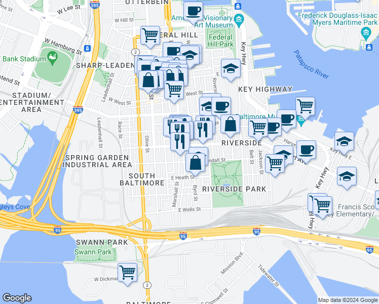 map of restaurants, bars, coffee shops, grocery stores, and more near 1510 Byrd Street in Baltimore